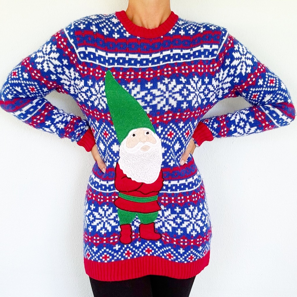 33 Degrees Christmas red blue fair isle print embroidered gnome sweater small